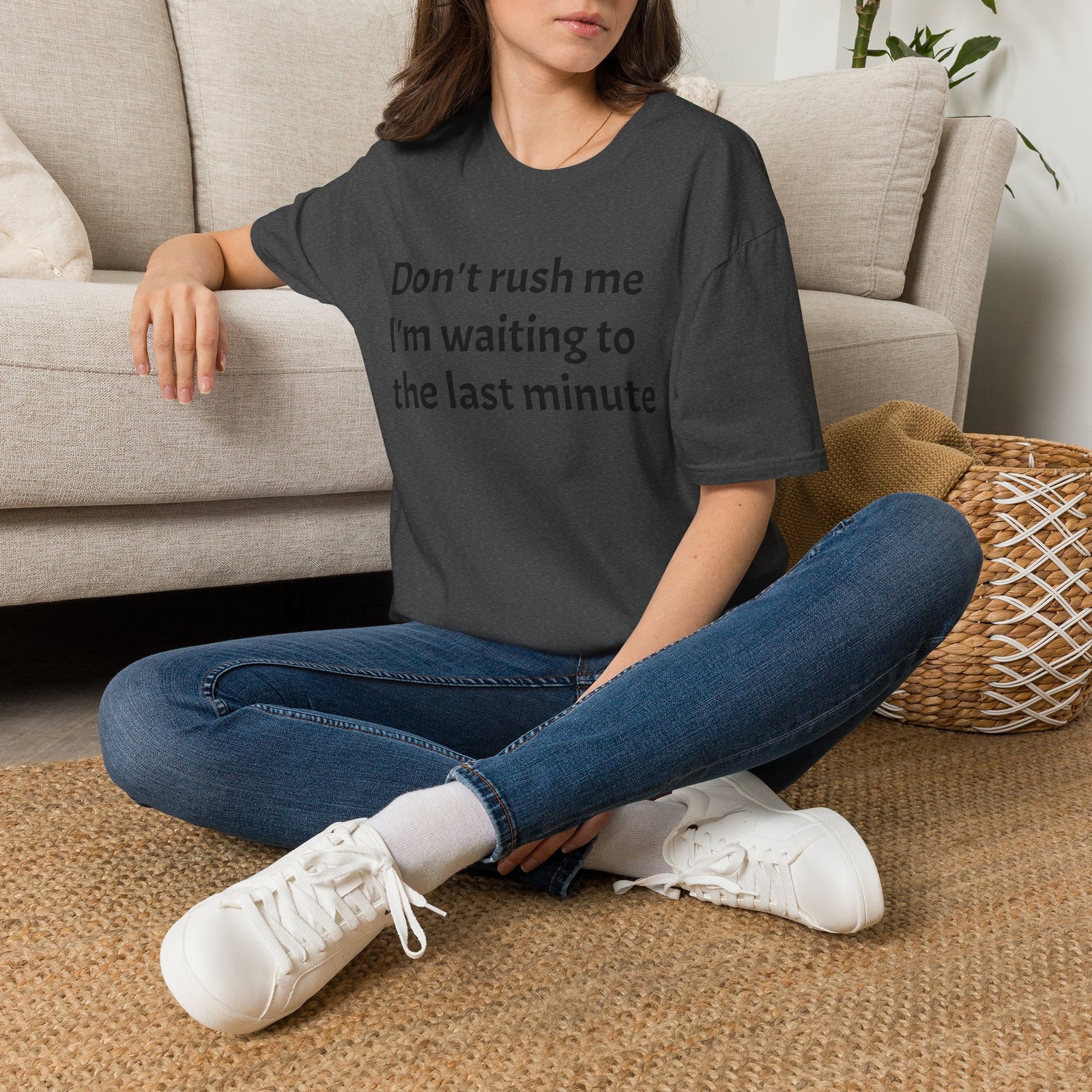 Black Graphic T‑Shirt — Subtle Text 'Don't Trust Me I'm Walking to the Last Minute'