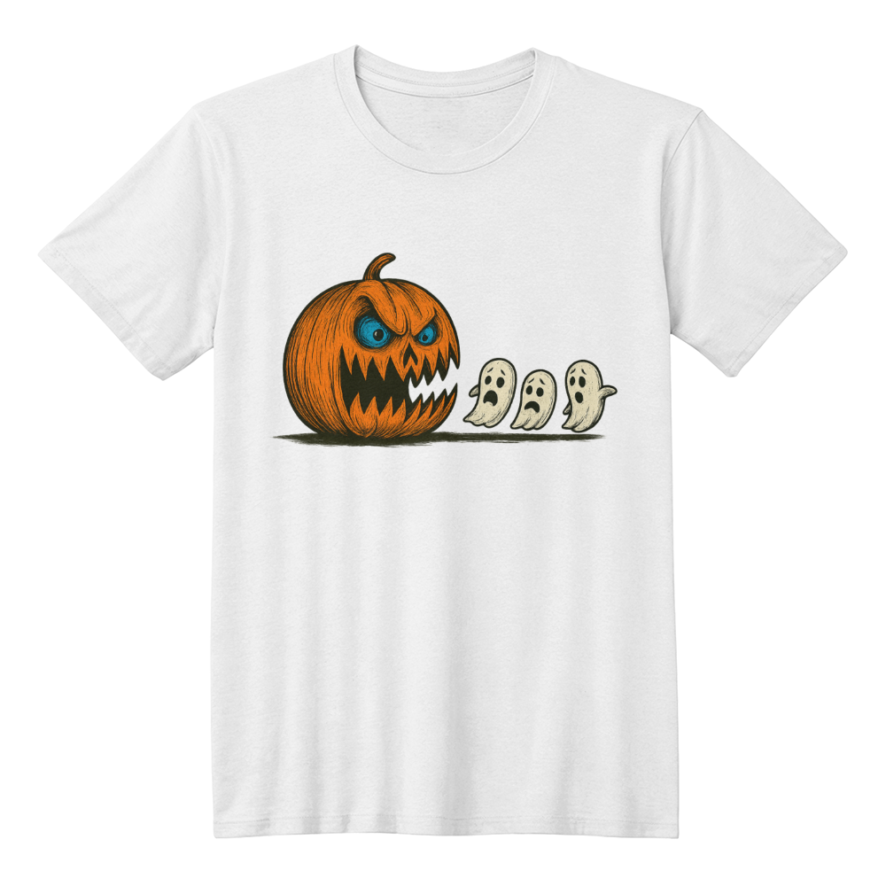 Pumpkin Predator – Scary-Cute Halloween Ghost Chase T-shirt