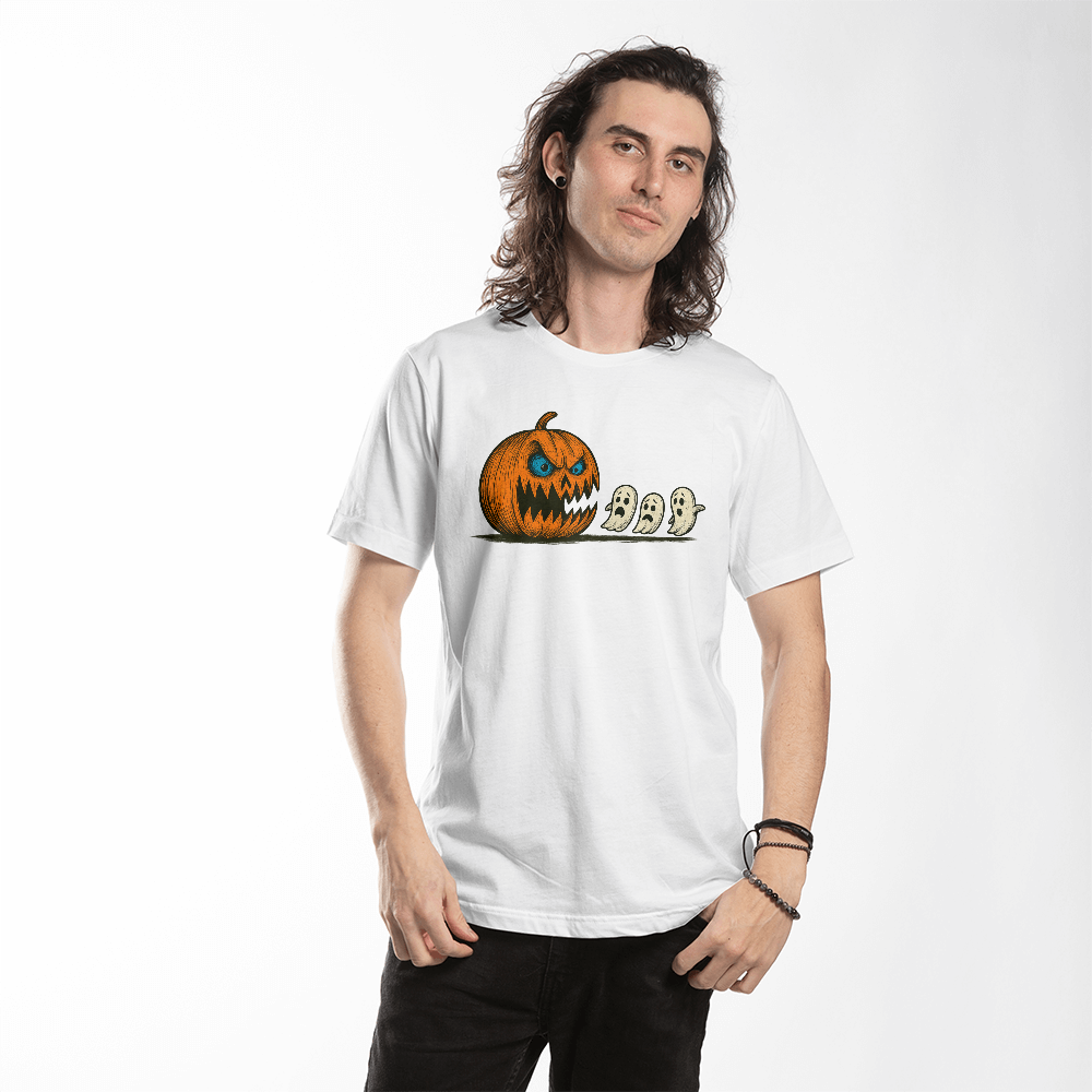 Pumpkin Predator – Scary-Cute Halloween Ghost Chase T-shirt